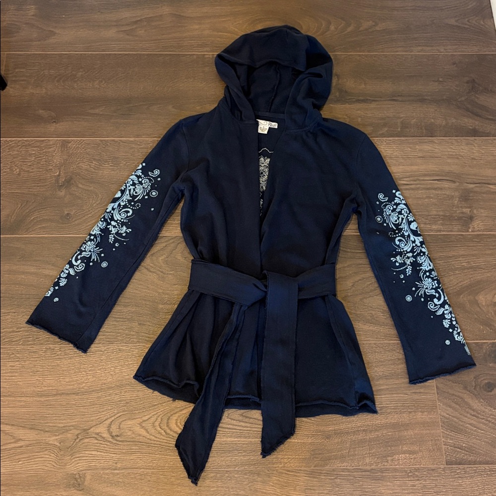 Navy Cotton Wrap Sweater Embroidered Garment - S - Picture 8 of 8